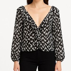 Topshop Womens Size US 2 Black White Abstract Sheer Long Sleeve Blouse‎ Lq